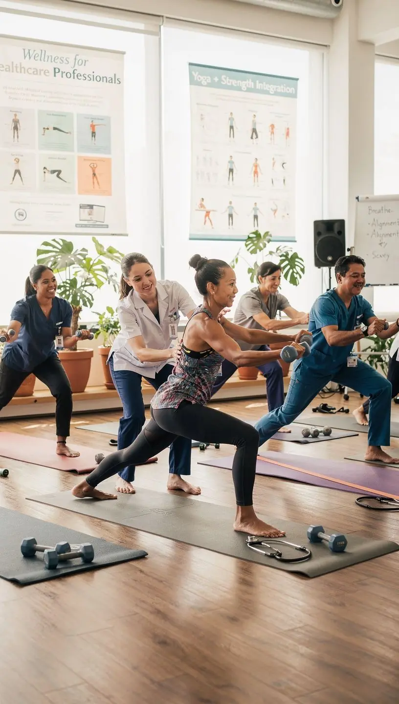 Un istruttore che guida una lezione di yoga all'aperto con vista su un paesaggio naturale.