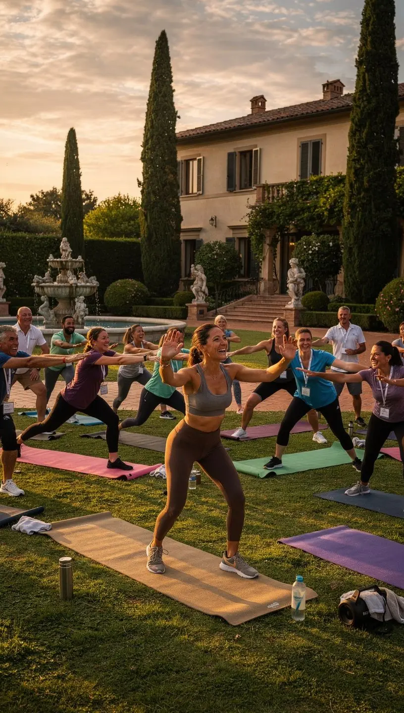 Un gruppo di persone che si allena insieme, alternando yoga e esercizi di cardio.