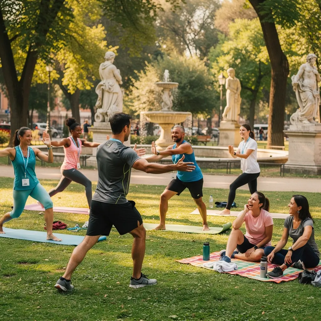 Un momento di rilassamento finale con partecipanti sdraiati su tappetini dopo l'allenamento.