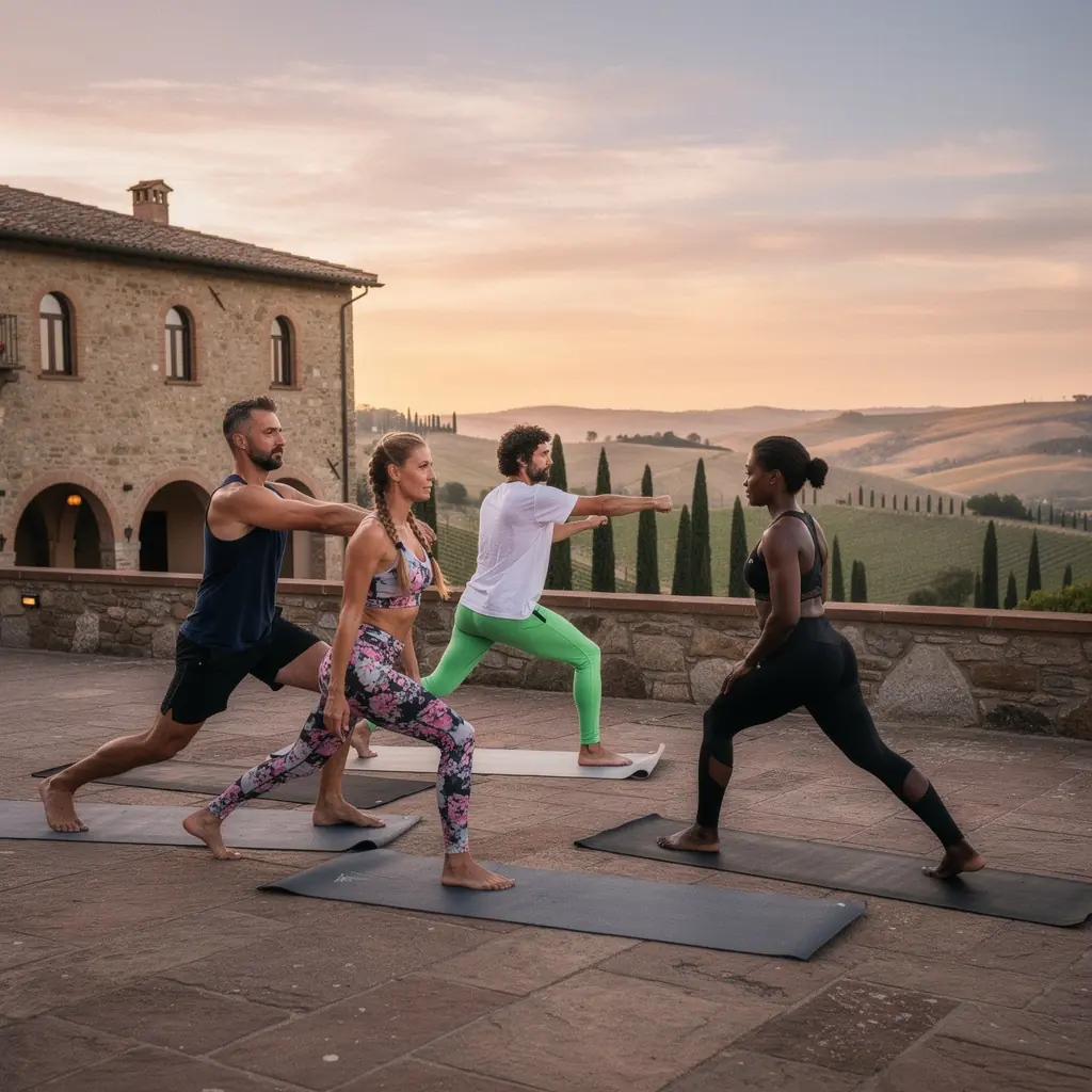 Partecipanti che eseguono esercizi di flessibilità su tappetini colorati.